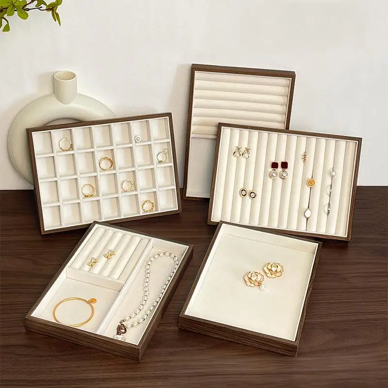Elegant Walnut Wood Grain Jewelry Display Tray - Retro-Style Storage for Earrings, Rings, Necklaces, and Pendants