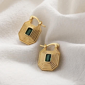 Vintage Green Crystal Geometric Hoop Earrings for Women Gold Plated Polygonal Ear Buckle Small Hoops Piercing Jewelry Brincos