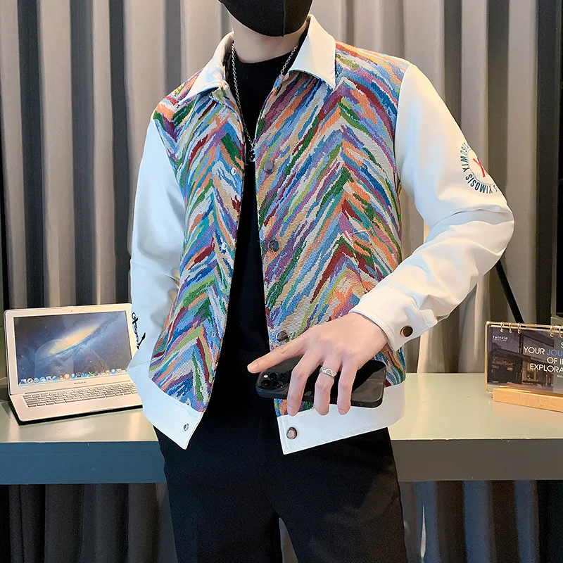 

Модная Лоскутная куртка с вышивкой для мужчин, Повседневная Верхняя одежда с отложным воротником, уличная одежда в стиле хип-хоп, куртки в стиле Харадзюку, весна 2024