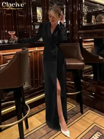 Clacive Fashion Slim White Dress Bodycon Lapel Long Sleeve Ankle Length Dress Party Elegant Classic Slit Dresses For Women 2024 - Image 3