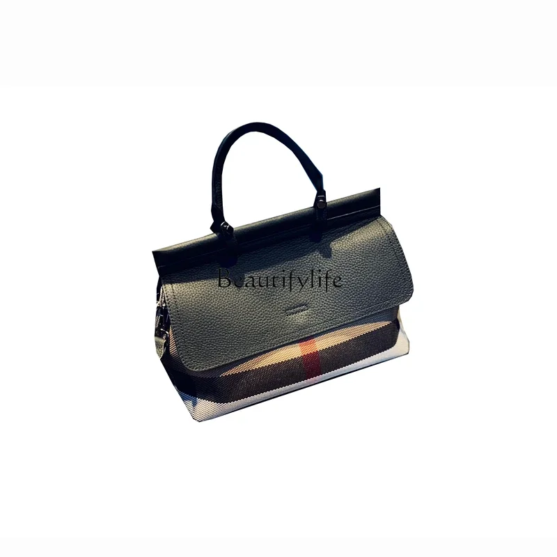 

Casual Leather Tote High-End Plaid Cowhide Portable Messenger Bag