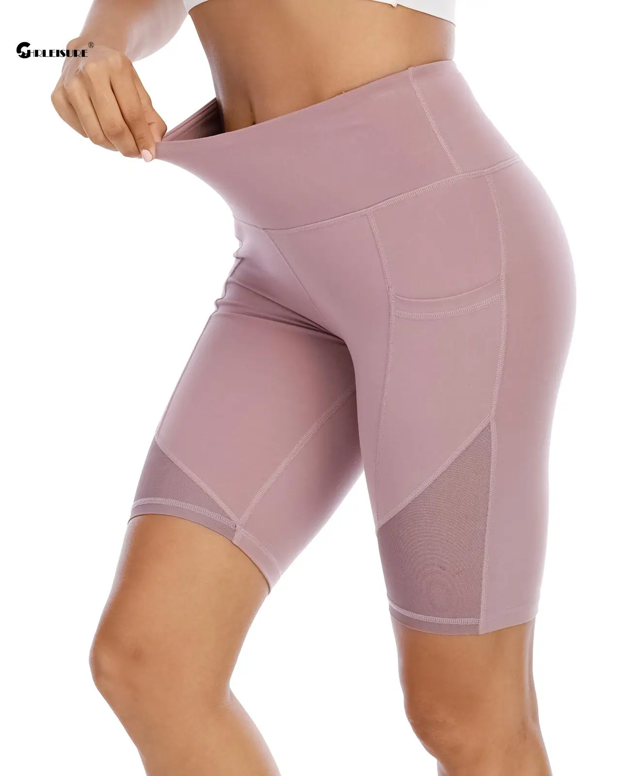 

CHRLEISURE Pocket Mesh Yoga Shorts Women Seamless High Waisted Sports Leggings Elastic Slim Workout Tights Activewear