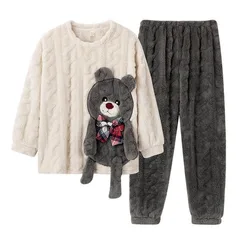 Double-sided Coral Velvet Pajamas Women Winter Thickened Warm Cartoon Home Clothing Student Large Size Set Autumn Sleepwear Suit