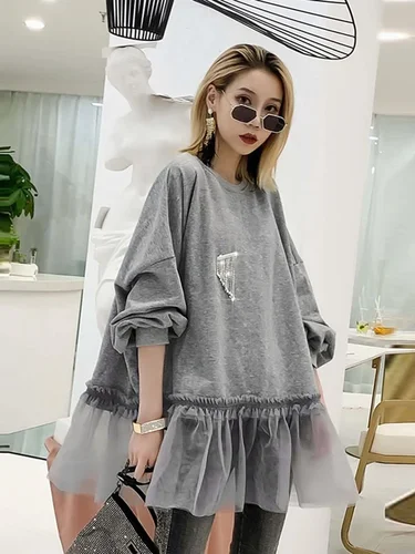 XITAO-타이드 패치 워크 메쉬 플리티드 스웨트 셔츠 다이아몬드 여성 의류, 우아한 패션 풀오버 탑 가을 한국 WQR1548 2019 3