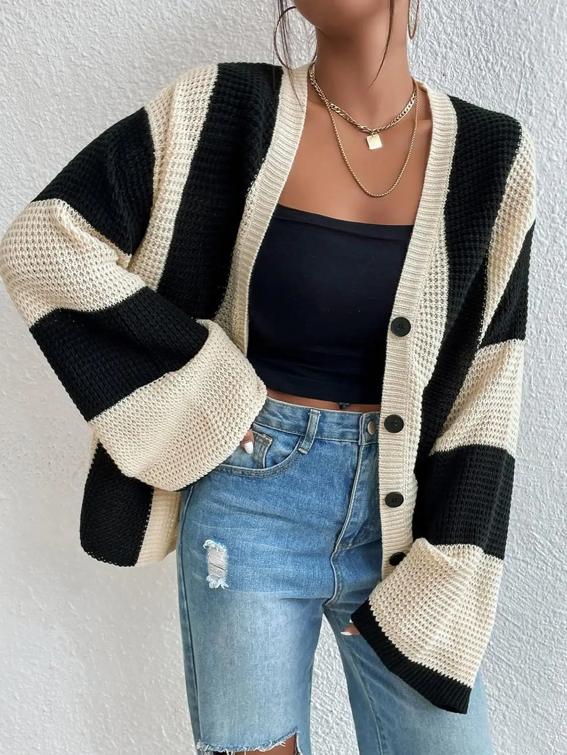 Suéter tipo cárdigan de moda con contraste calado para mujer, prenda de punto holgada de manga larga, ropa de calle de retazos, abrigo para mujer