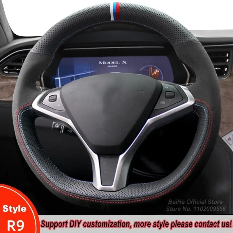 

Black Suede Leather Car Steering Wheel Cover For Tesla Model S / Model X 2012-
