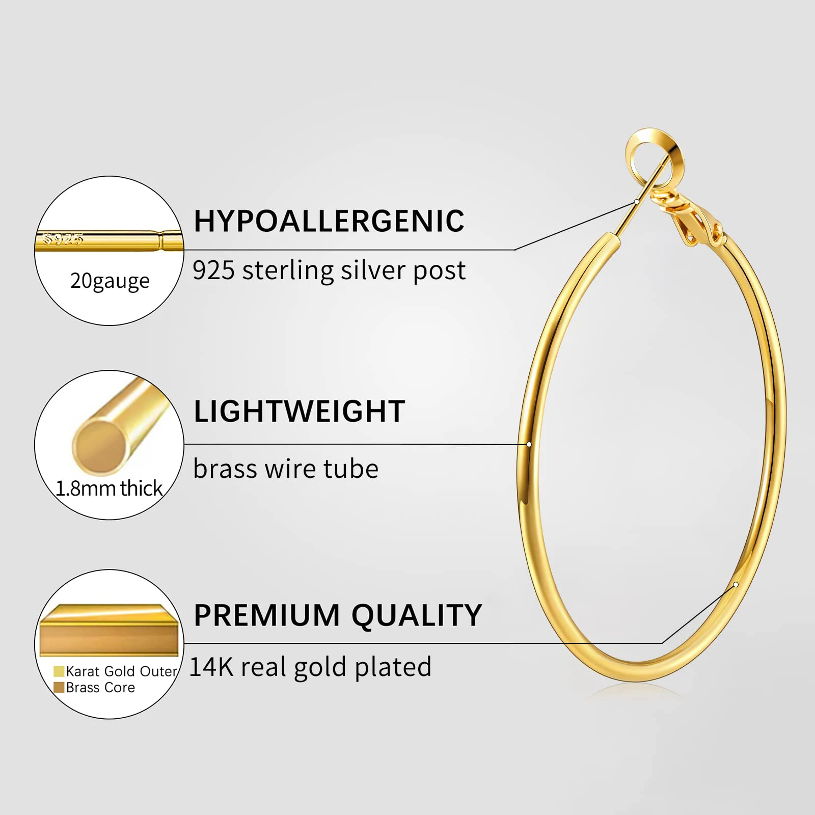 Boucles D'oreilles Créoles En Nacre Ovale – Plaqué Or 14 Carats Hypoallergénique – 13,5x11,5 Mm – Avec écrin Cadeau