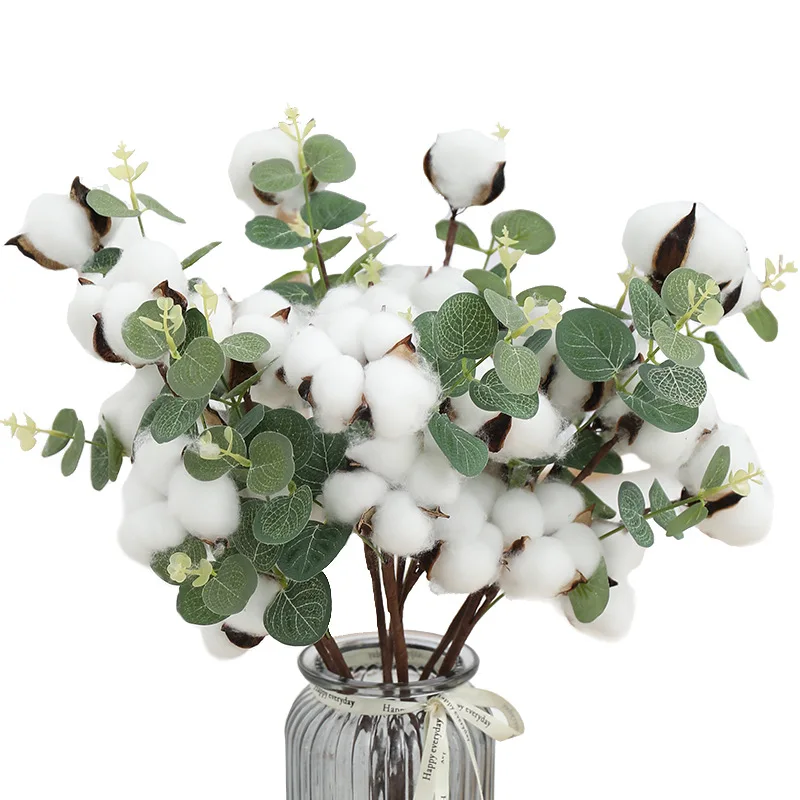 

6pcs Cotton Stems Cotton Flowers 4 Cotton Heads Eucalyptus Leaves Per Stem Cotton Floral Stems for Fall Home Farmhouse Decor