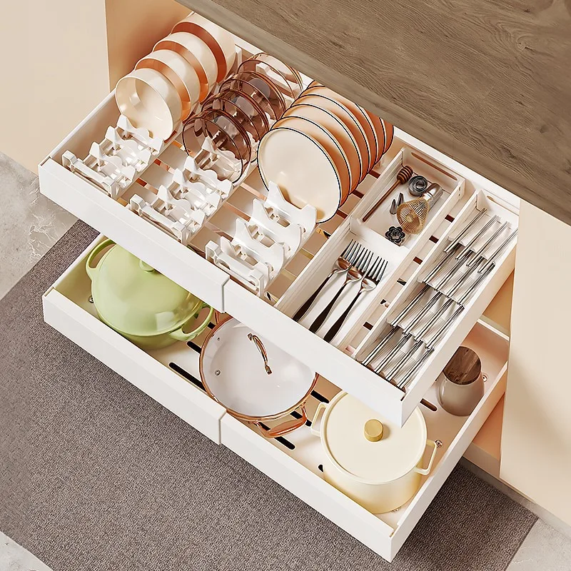 Kitchen Pull-out Retractable Cabinet Ultra-deep No-punch Divider Inside Shelf Pots And Pans Scalable Slide Drawer Organizers 2