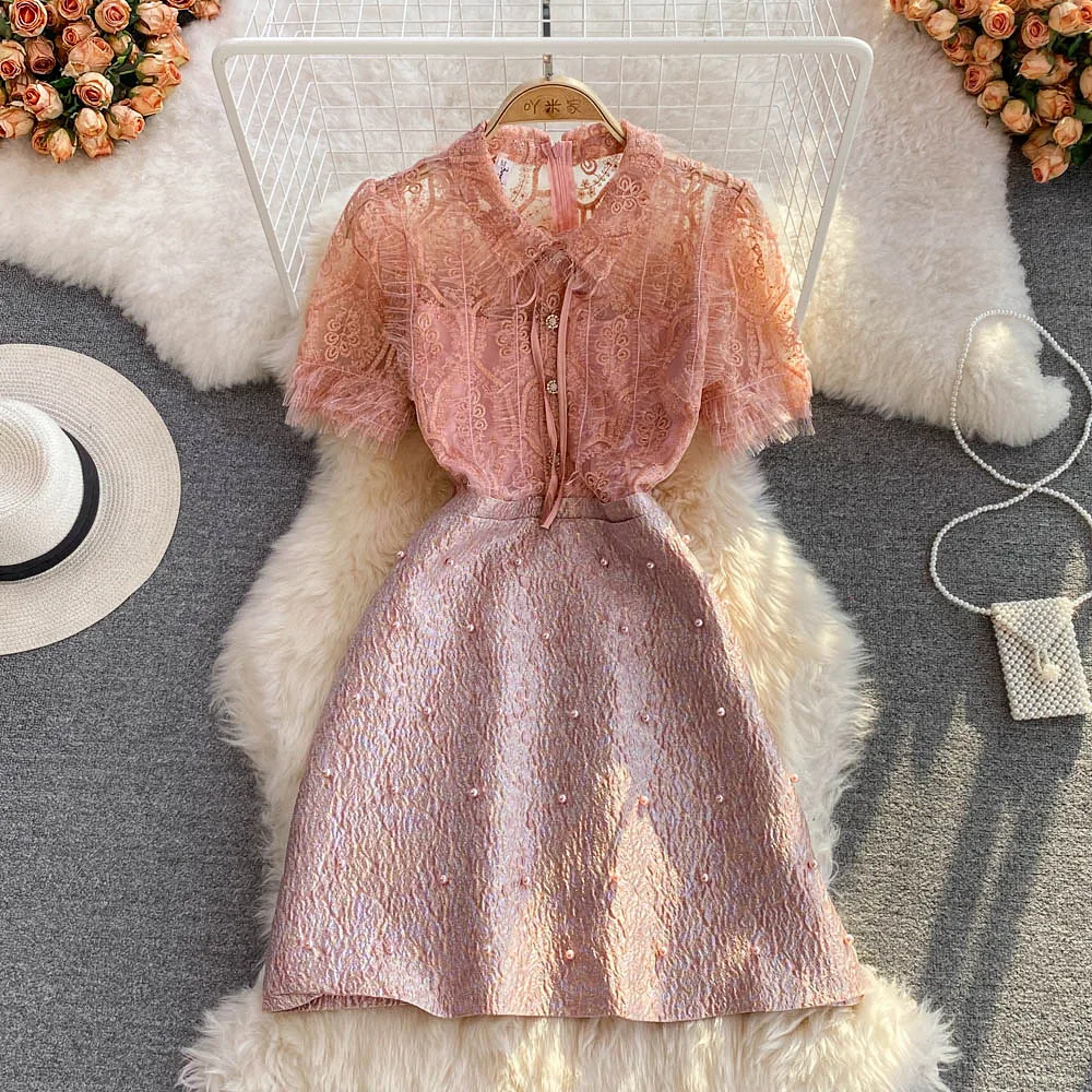 

2022 Summer French High Sense Long Sleeve Slim Fit with Thin Nail Bead Lace Splicing Lapel A-line Dress Short Sleeve