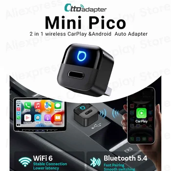 Adattatore Ottocast 2 in 1 Mini Pico con Pulsante Intelligente, Dongle Wireless CarPlay Android Auto per iPhone 14 15 16 17 e Telefoni Samsung