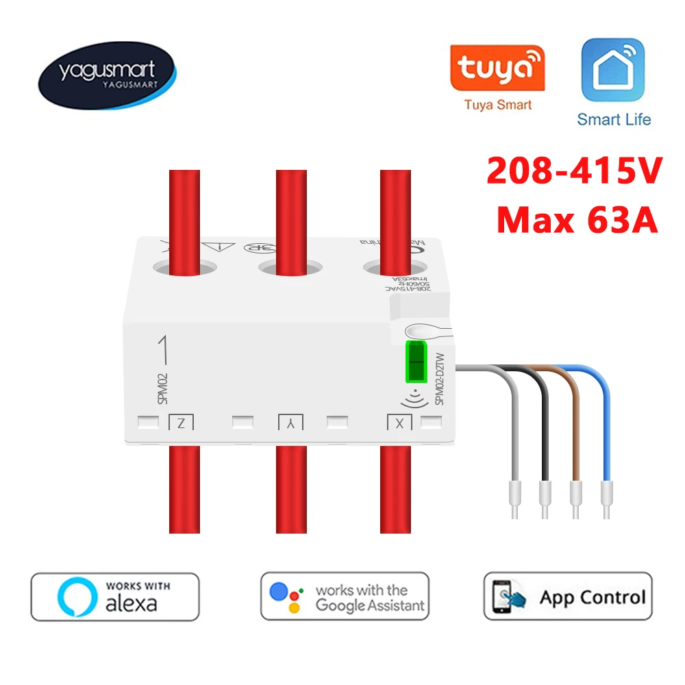 Yagusmart-medidor de Energia Inteligente Tuya Zigbee Wifi Monitoramento de Energia Sensor de Alarme Smart Life App Control Phase Wire 63a 208v 415v