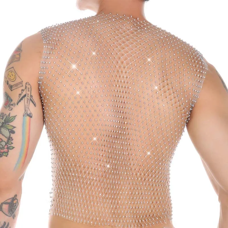 Men's Sheer Glitter Diamond Fishnet Tank Top Short Sleeves Stage Club Costume Lingerie
