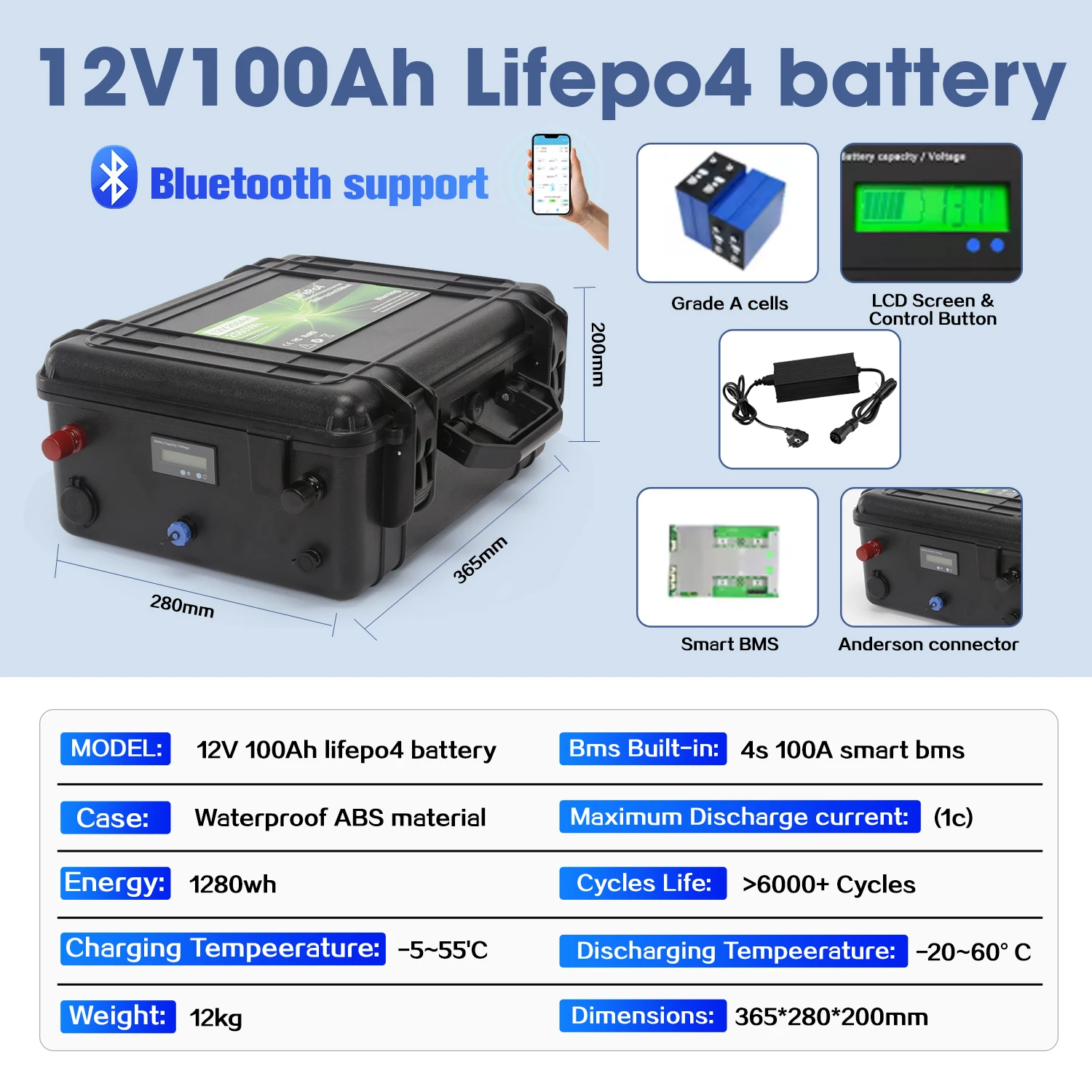 WILLQ Batteria per propulsore a elica 12V 24V 100Ah 150Ah 200Ah Batteria al Litio Integrata BMS per Barca elettrica Motore da Pesca Elica Batteria Marina con Caricabatterie,12v100ah WILLQ Batteria per propulsore a elica 12V 24V 100Ah 150Ah 200Ah Batteria al Litio Integrata BMS per Barca elettrica Motore da Pesca Elica Batteria Marina con Caricabatterie,12v100ah