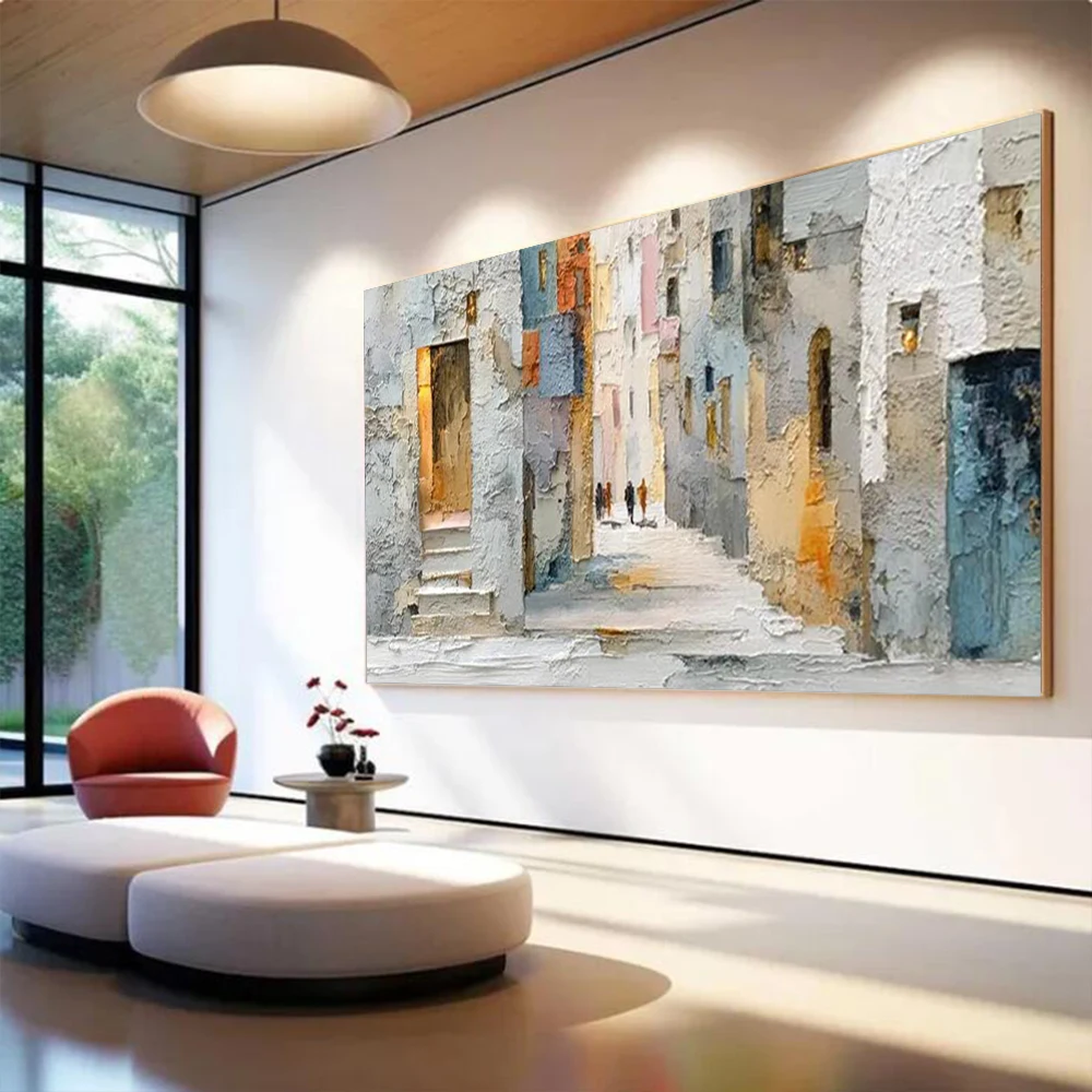 Dipinto a Olio Astratto 100% Fatto a Mano su Tela, Immagine di Paesaggio del Vecchio Quartiere, Murale Artistico per Decorazione Soggiorno - immagine 6