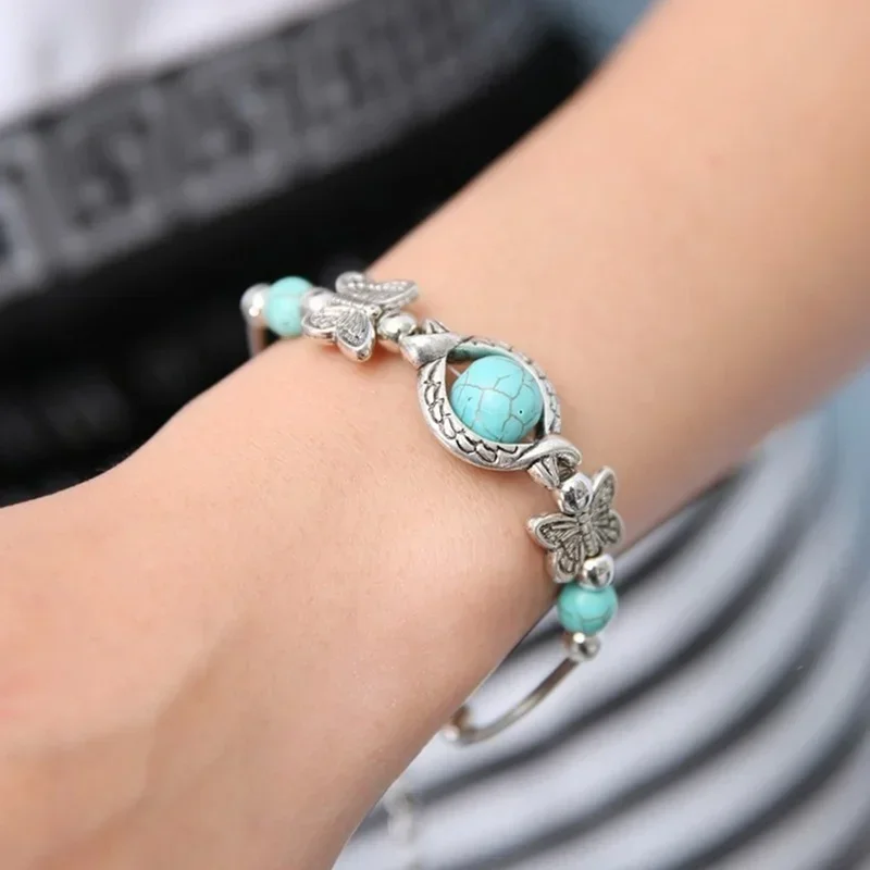 Beaded Bracelet Delysia King Trendy Women Butterfly Bracelet Carved Pattern Personality Turquoise Hand Chain