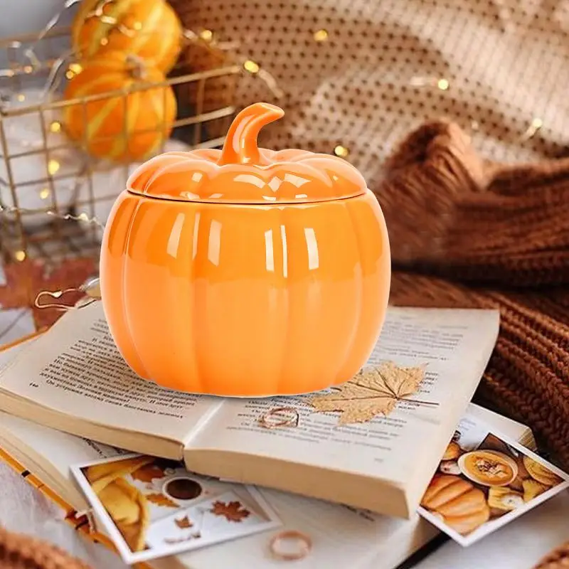 Ceramic Bowl Pumpkin Shape Cartoon Pumpkin Jar Soup Can with Lid Condiment Box Seasoning Pot Soup Bowl Kitchen Container 4