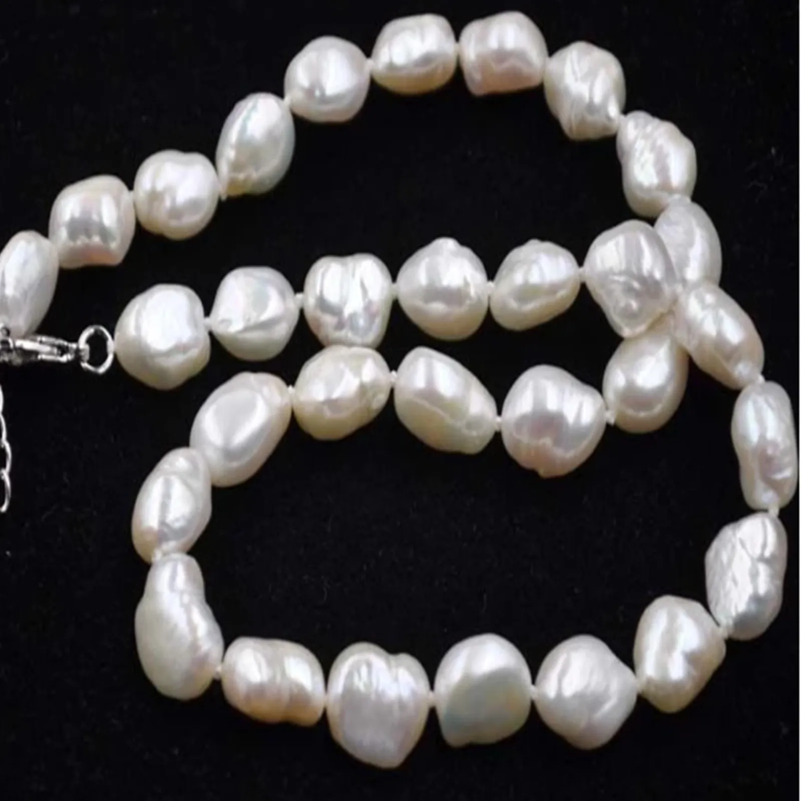 Hand knotted necklace natural 9-10mm white freshwater pearl sweater chain baroque pearl 42cm plus 5cm extension chain