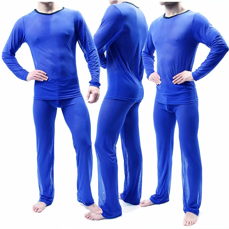 Men Sexy Pajamas Suit Ice Silk Ultra-Thin Perspective Undershirt Pants Home Clothes Suit Gauze High Elastic Night Club Wear pajamas set,silk pajamas,man pajamas set