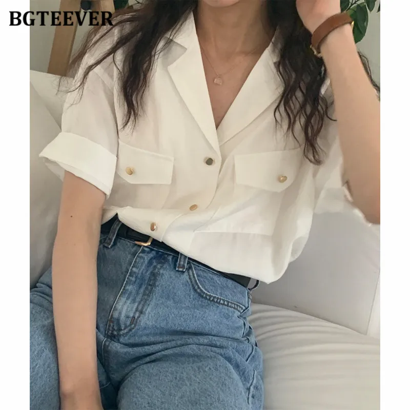 

Стильные женские рубашки BGTEEVER с отложным воротником, хлопковые свободные женские блузы с коротким рукавом и карманами