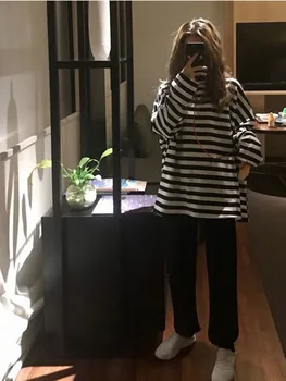 تيشيرت نسائي مخطط ، كم طويل ، ياقة دائرية ، توبات كاجوال كورية ، أسود ، كوري ، ربيع ، خريف 3