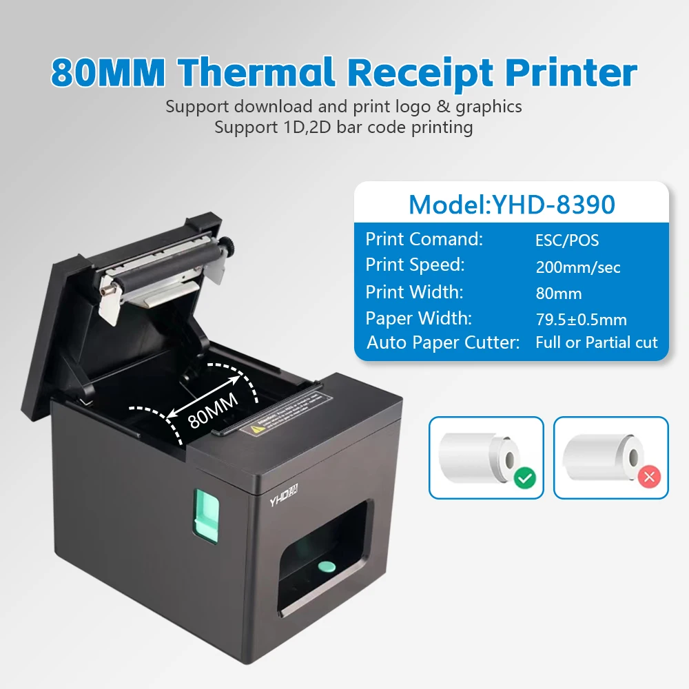 Imprimante Reçus Thermique Yeyian Qian - 80mm - Vitesse 220mm/s - USB/LAN - Pour Windows/Mac/Linux