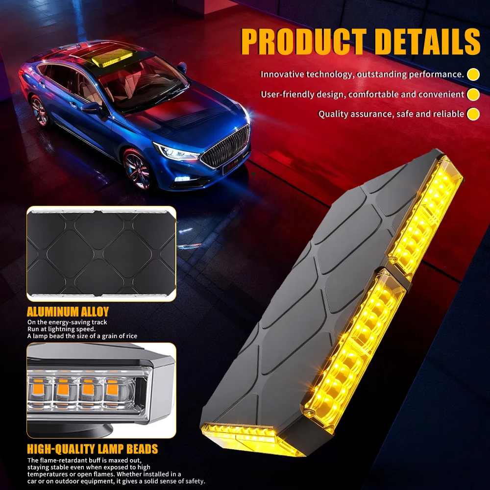 48LED Car Led Strobe Light Roof Top Flash Emergency Warning Lights 12-24V 4 Side Auto Stroboscopes with Magnet for SUV Vehicle