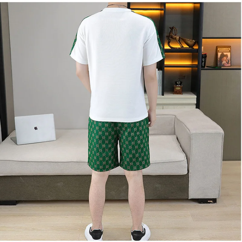 Men's Crewneck Fashion Splicing Short Sleeve T-shirt Printed Shorts Set New Summer Youth Trend Loose Casual Sports Two-piece Set