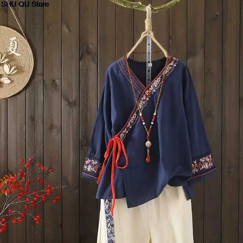 New Spring Chinese Traditional Tang Suit Female Costume Vintage Blouse Long Sleeve Lace-up Embroidery Top for Women Hanfu Blouse