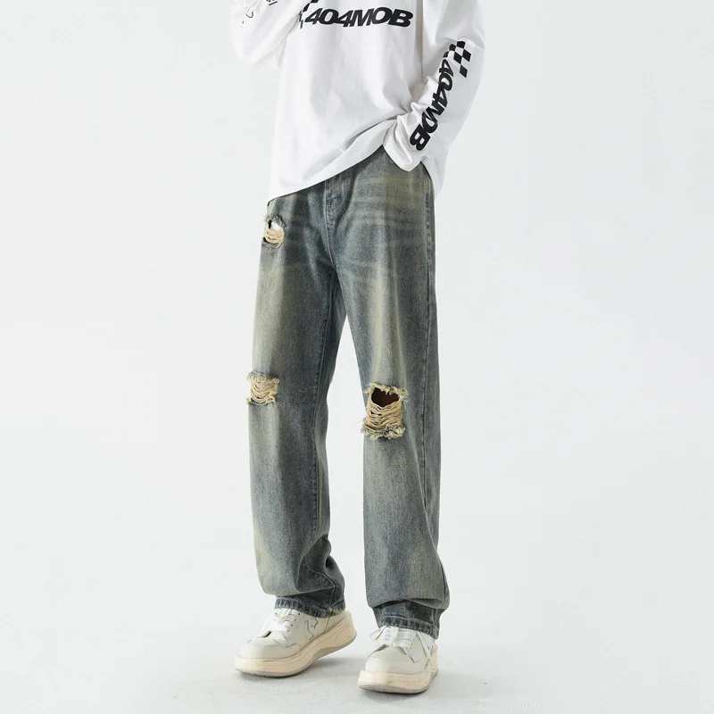 2023 Spring Popular Student High Street Ripped Jeans Mens Jeans Casual Loose Wide Leg High Quality Solid Jeansm