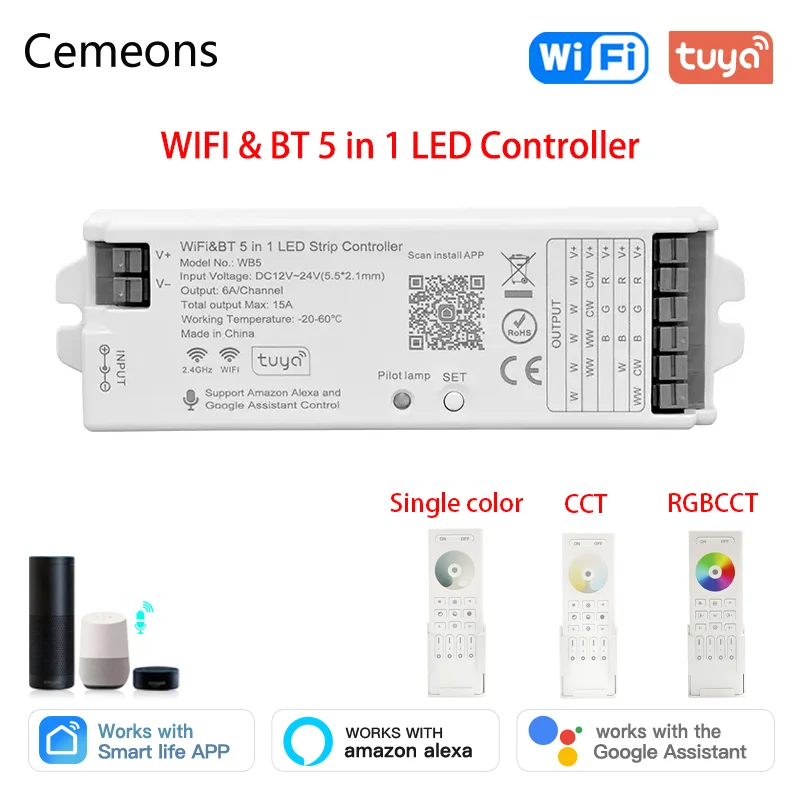 WiFi LED Controller WB5 Smart WiFi BT 5 IN 1 2.4GHz RF RGBCCT Remote Controller For Single Color RGB RGBW Dual White LED Strip