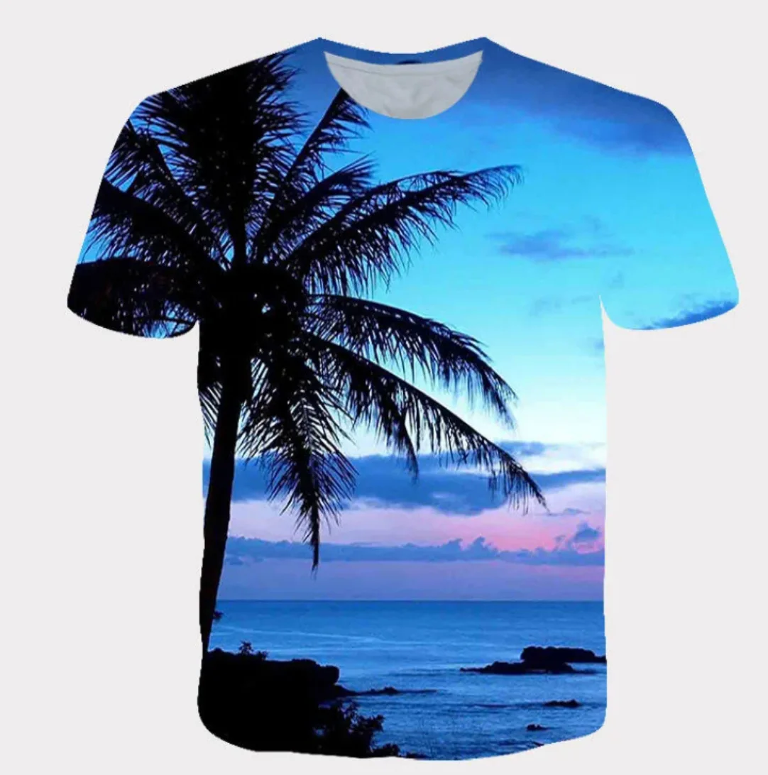 

Новинка, гавайский ландшафт, модель y2k для мужчин, 3D печать, модный топ для пары с круглым вырезом, уличная одежда с коротким рукавом, детские футболки