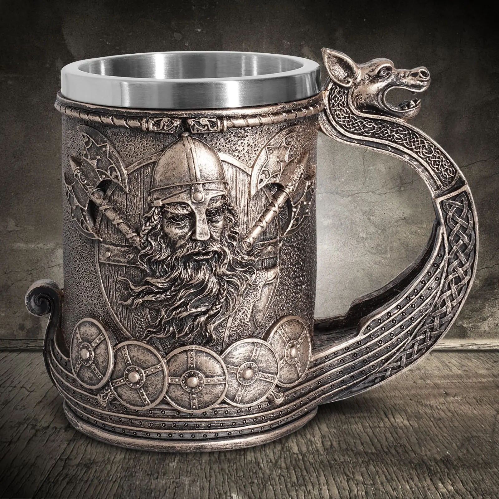 Tazza Da Guerriero Vichingo In Acciaio Inossidabile Stein 3D Viking Ship Draon Drakkar Tankard Mug, Tazza Da Birra Nordica 600Ml