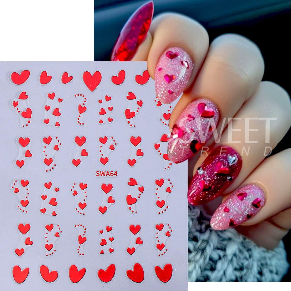 4pcs Love Heart 3D Nail Art Stickers Valentine Design Red Black Geometry Lines Stripe Stars Nail Slider DIY Manicure Decoration