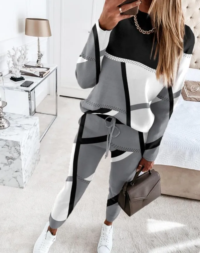 Autumn and Winter Set for Women 2023 New Fashion Color Blocking Printing Long Sleeve Round Neck Casual Ladies Suit