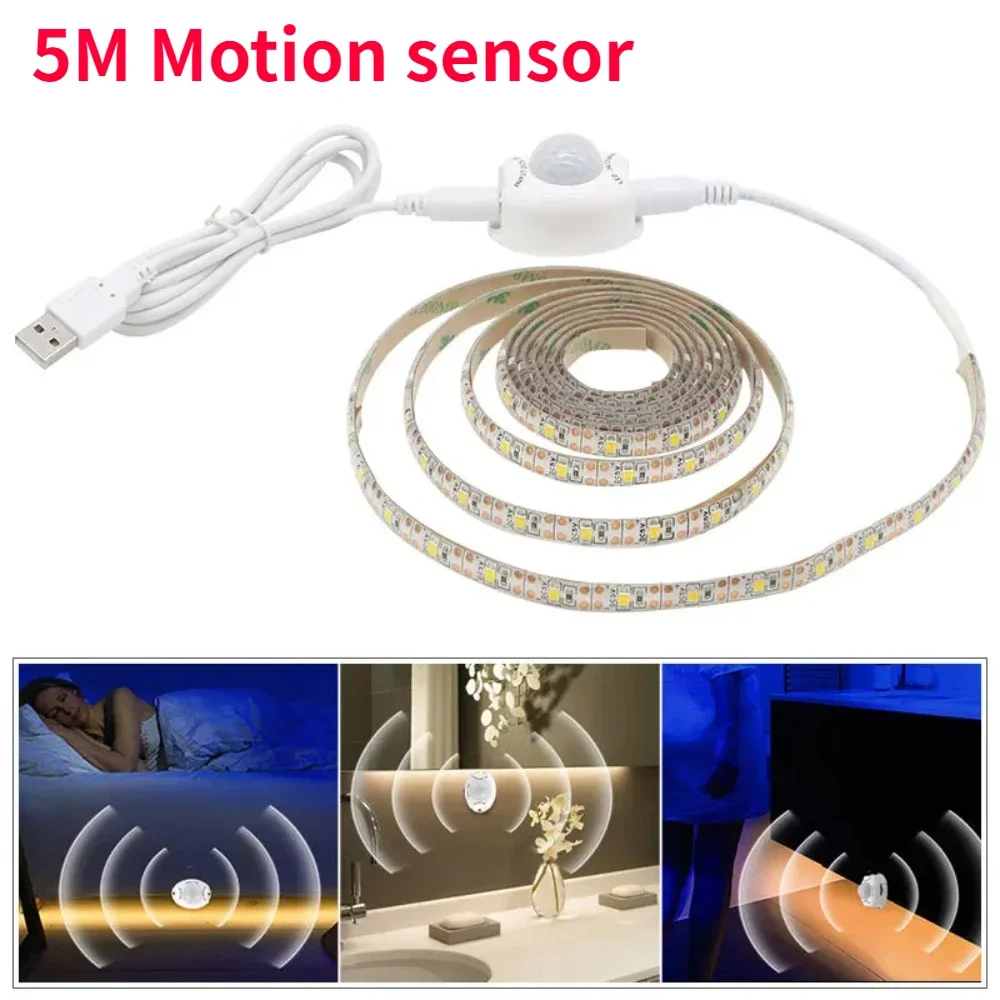 5M LED Strip Light Motion Sensor Led Lights Strip  Kitchen Cabinet Hand Sweep Lamp Tape USB Waterproof Double-sided TV Backlight