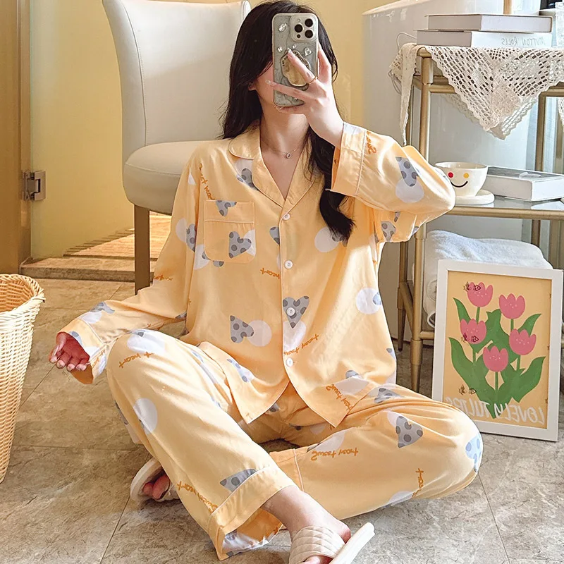 Spring Female Pajamas Long Sleeve Pant Two-piece Set Thin Lapel Cotton Silk Nightgown Sweet Print Home Wear Clothing for Women
