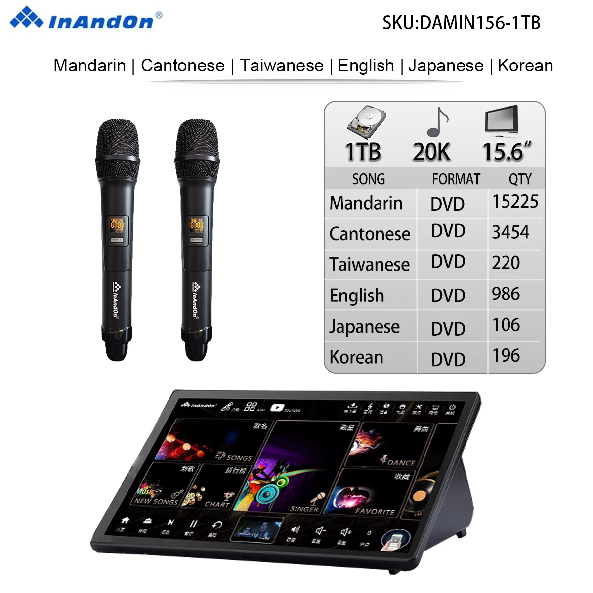 1TB 15.6" InAndon Karaoke Player, SSD,Mixing amplifier 5 in 1