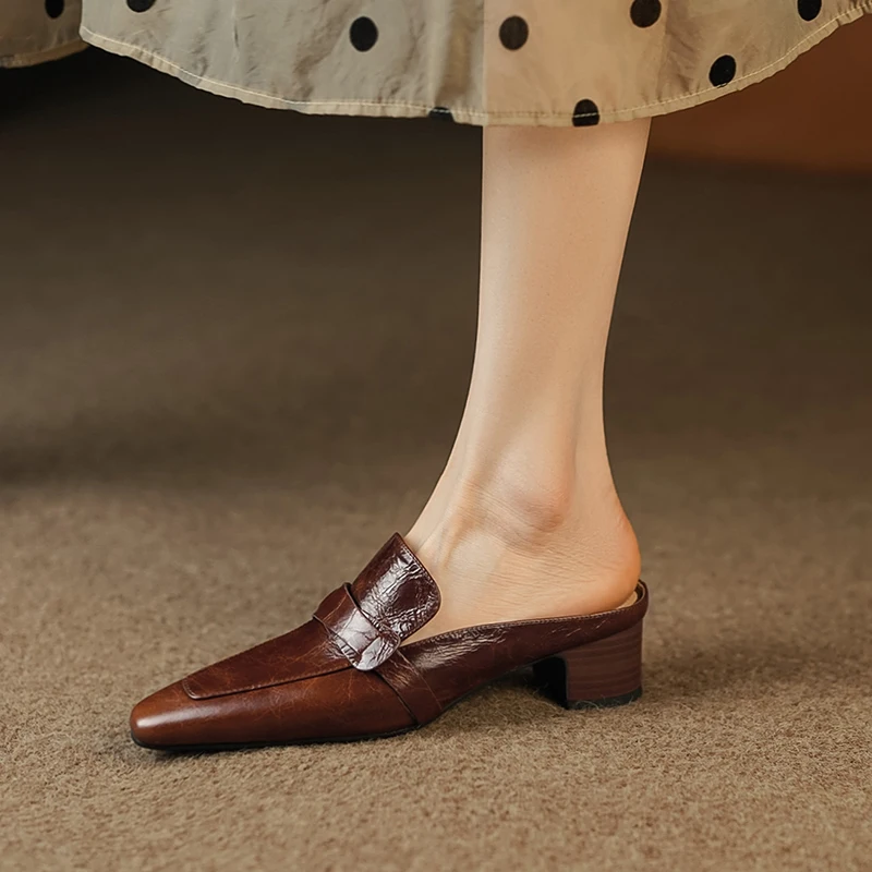 

Ladies Muller Genuine Leather Cowhide Women Shoes Spring Slippers Slip-On Vintage Simple Spring Shoes PointedToe Woman Mules