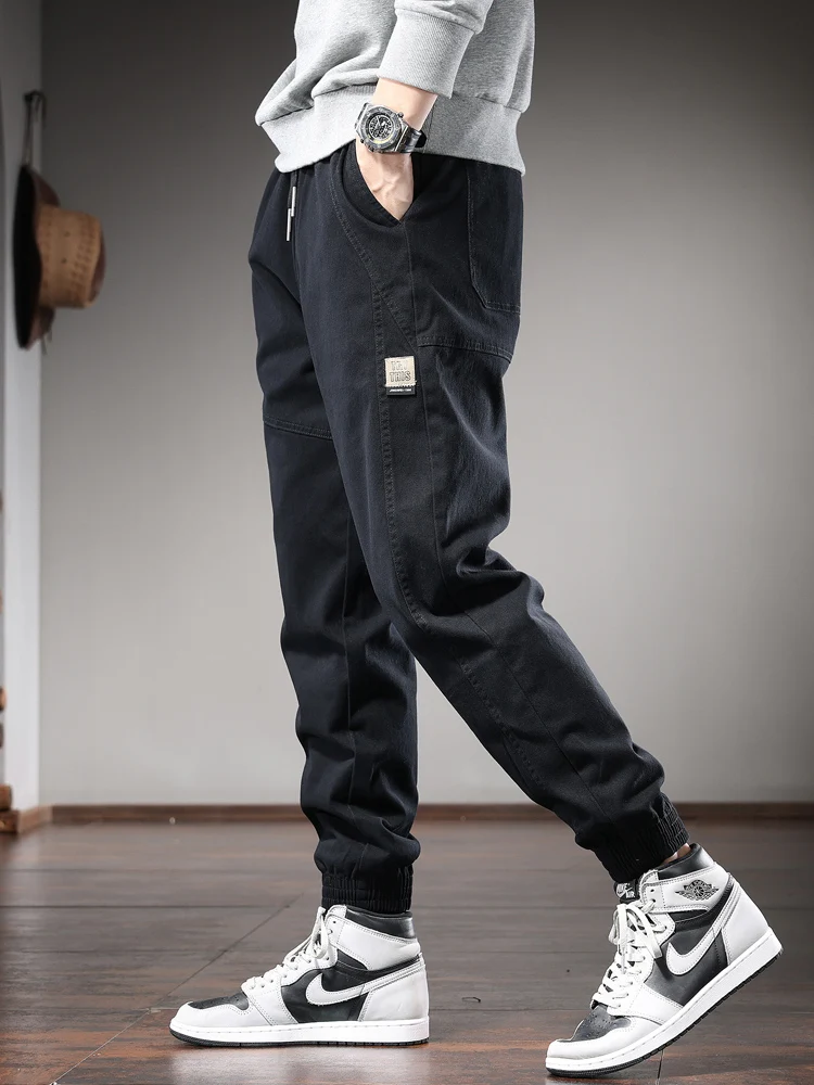 Fashion Black Casual Pants Men Autumn Elastic Waist Drawstring Joggers Trousers