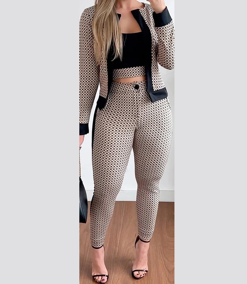 Two Piece Sets Womens Outifits Elegant Tight Trousers Plaid Print Contrast Paneled Coat & Pants Suit Summer Autumn 2023 New tassel edge high waist lace up pencil jeans women slim fit tight stretch denim pants female pocket trousers trend streetwear new