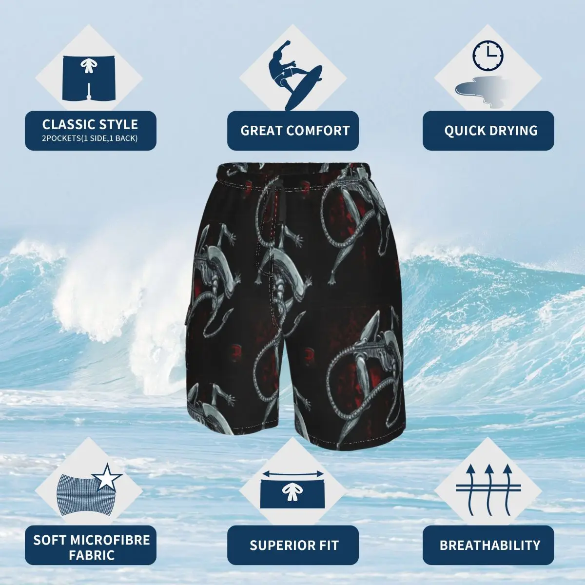 Xenomorph Board Shorts Polyester Swimming Trunks Beach Funny Men Swim Trunks 4