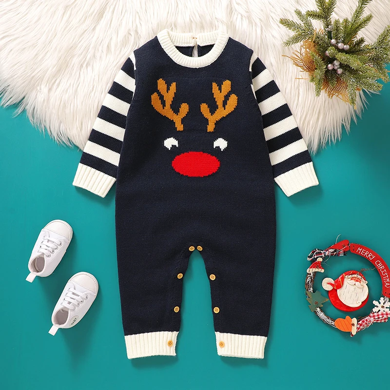 Baby Girls Boys Christmas Knit Romper Elk Pattern Stripe Long Sleeves Round Neck Full Length Jumpsuit baby sweater romper 0-18M
