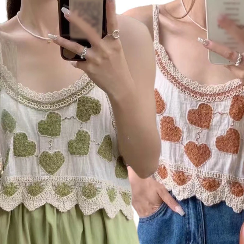 

Women Camisole Neck Lace Trim Sweet Heart Embroidery Crop Top Irregular Wavy Hem Beach Vest