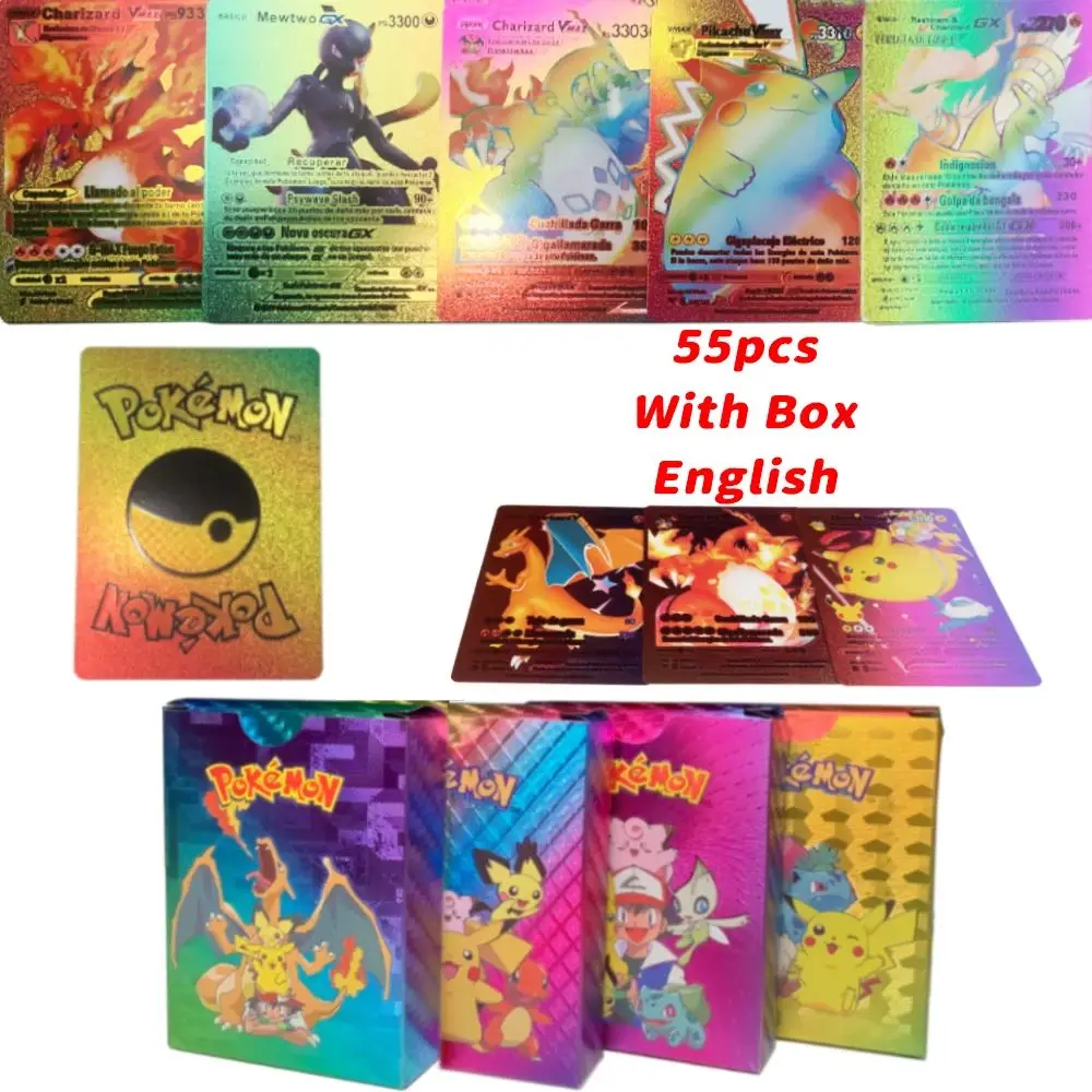 

55pcs Pokemon Colorful Gold Foil Card Charizard Pikachu Arceus Silver Rainbow English French Spanish VSTAR VMAX Collection Cards