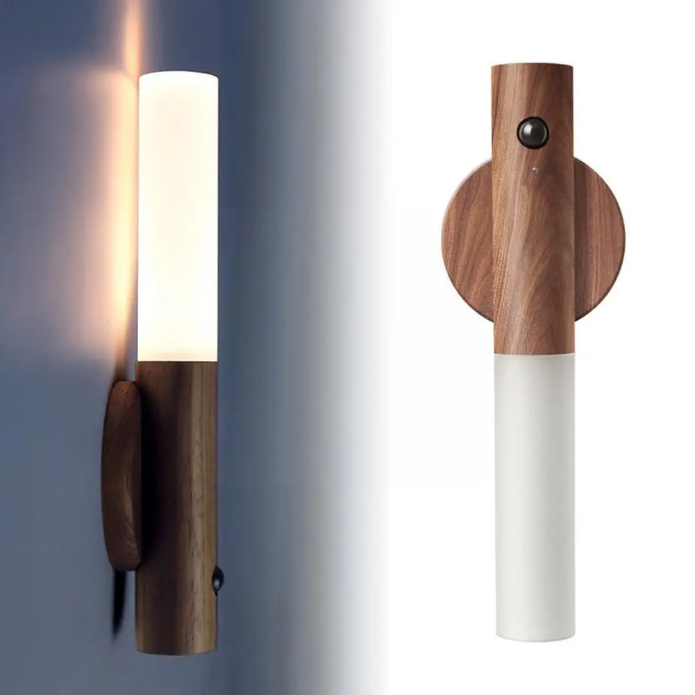 

Wooden Led Night Light Built In 500 Mah Rechargeable Battery Intelligent Body Sensor Rechargeable Wall Lamp For Bedroom Home