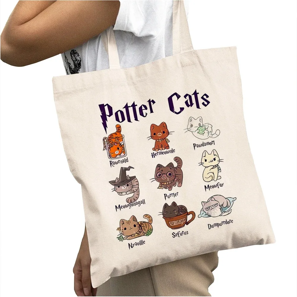 Casual Cartoon Potter Katzen Frauen Einkaufstaschen Doppel Druck Casual Mädchen Tote Handtasche Große Kapazität Dame Shopper Tasche – Detail 8