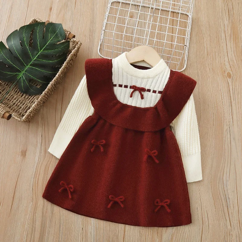 Girls Knit Sweater Dress with Bow Decoration for Kids