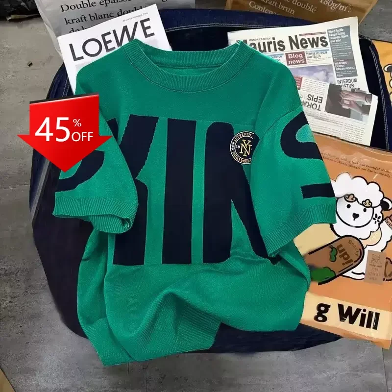 

Y2K Casual Men Short Sleeve Jacquard Crewneck College Style Cool Ice Silk Sweater men sweater knit sweater ropa para hombre men