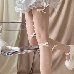 Lolita Bow Pearl Tights Y2k Style Ultra-thin Pantyhose Vintage Velvet Breathable Hollow Out Fishnet Socks